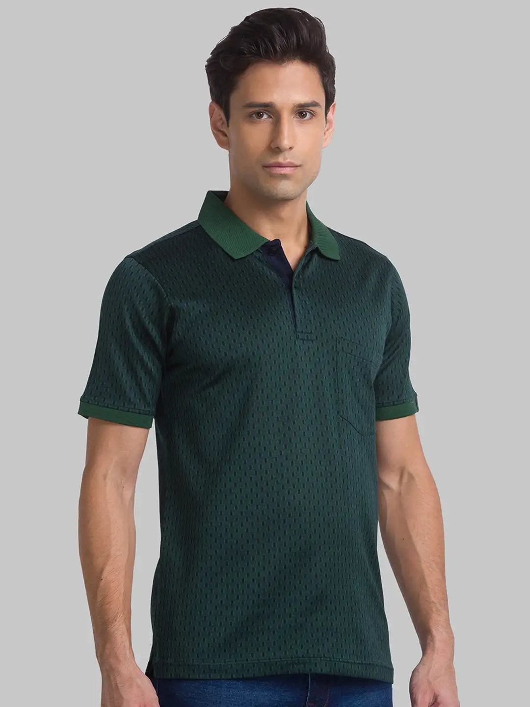 Men Green Contemporary Fit Jacquard Cotton Polo T-Shirt