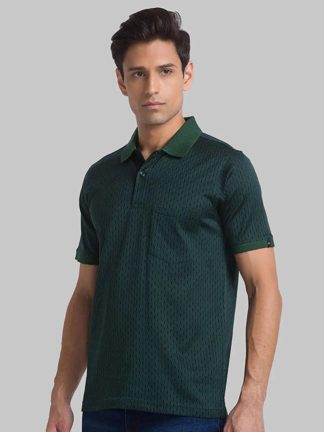 Men Green Contemporary Fit Jacquard Cotton Polo T-Shirt