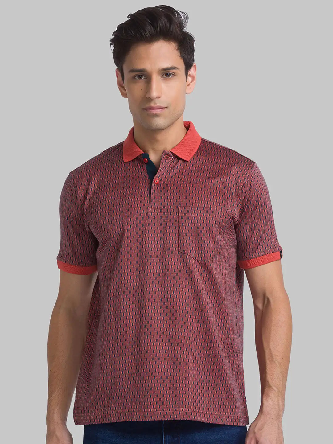 Men Red Contemporary Fit Jacquard Cotton Polo T-Shirt