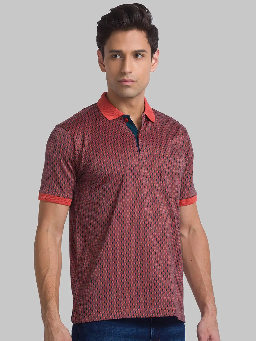 Men Red Contemporary Fit Jacquard Cotton Polo T-Shirt