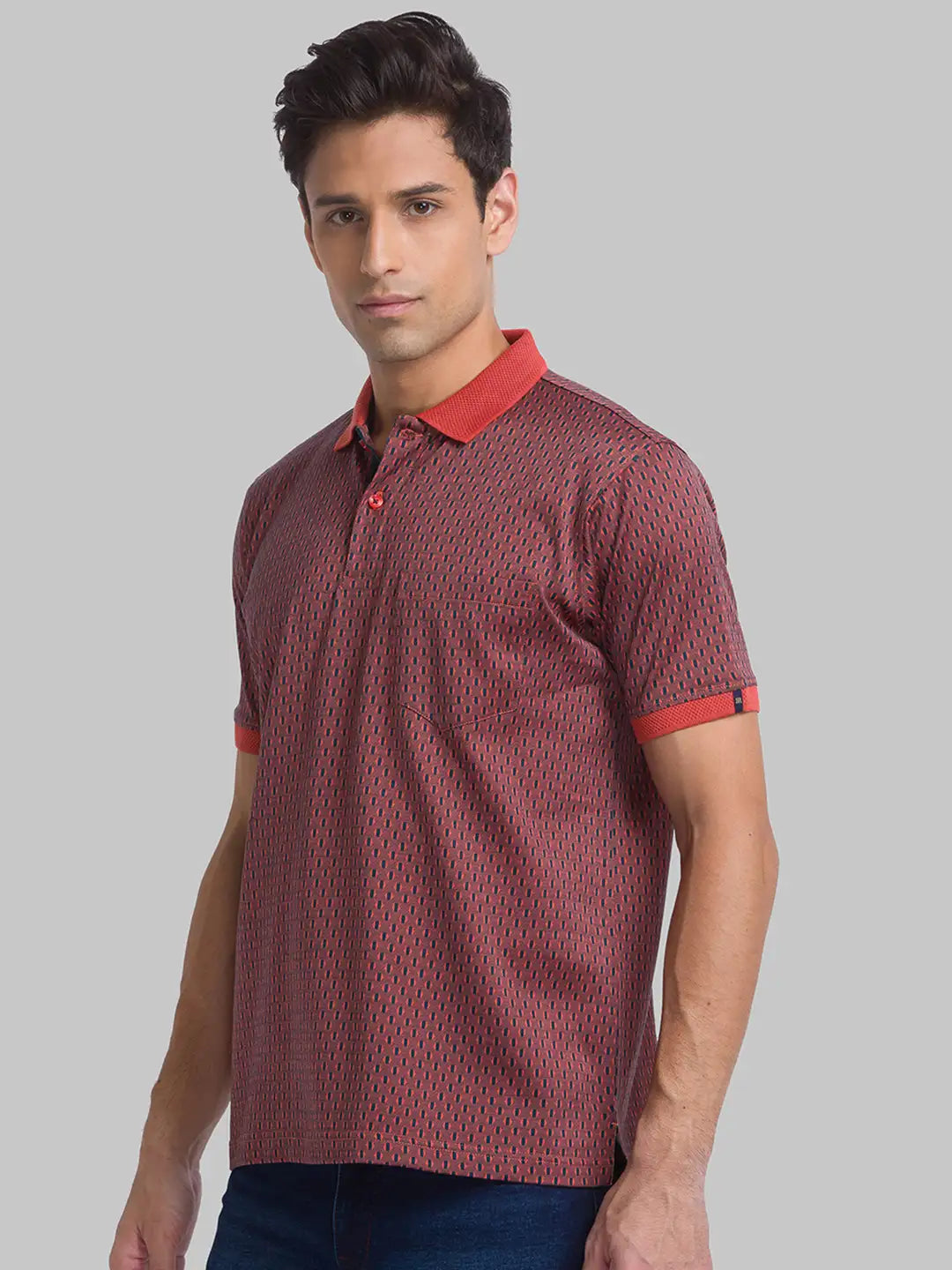 Men Red Contemporary Fit Jacquard Cotton Polo T-Shirt