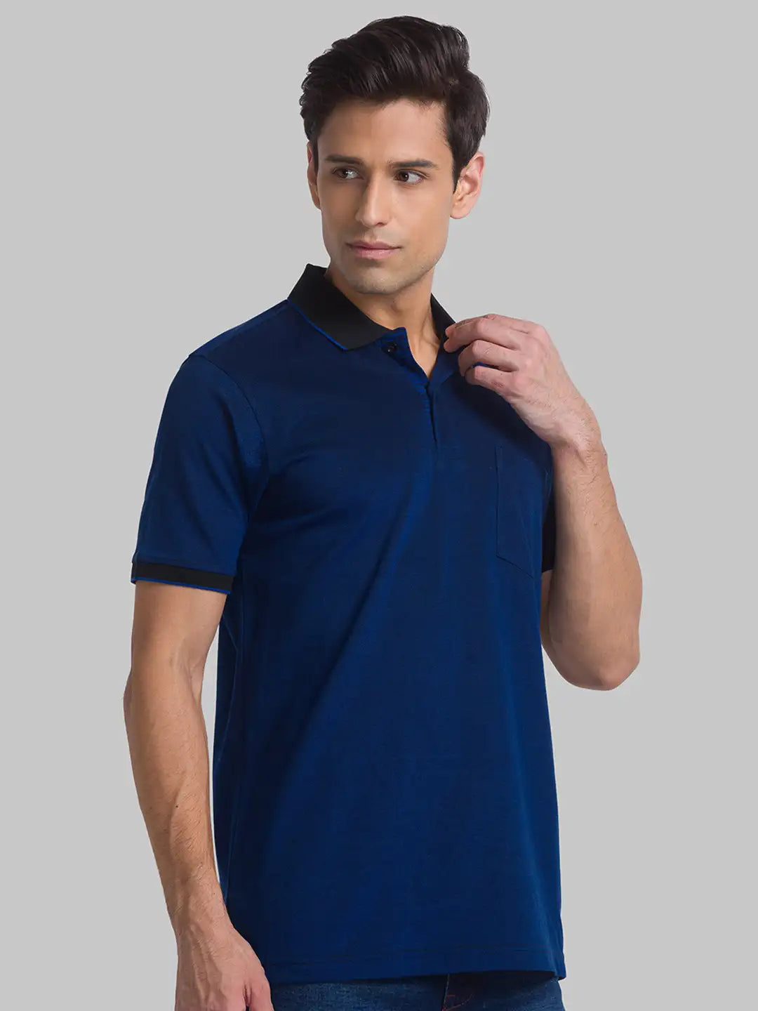 Men Black Contemporary Fit Jacquard Cotton Polo T-Shirt