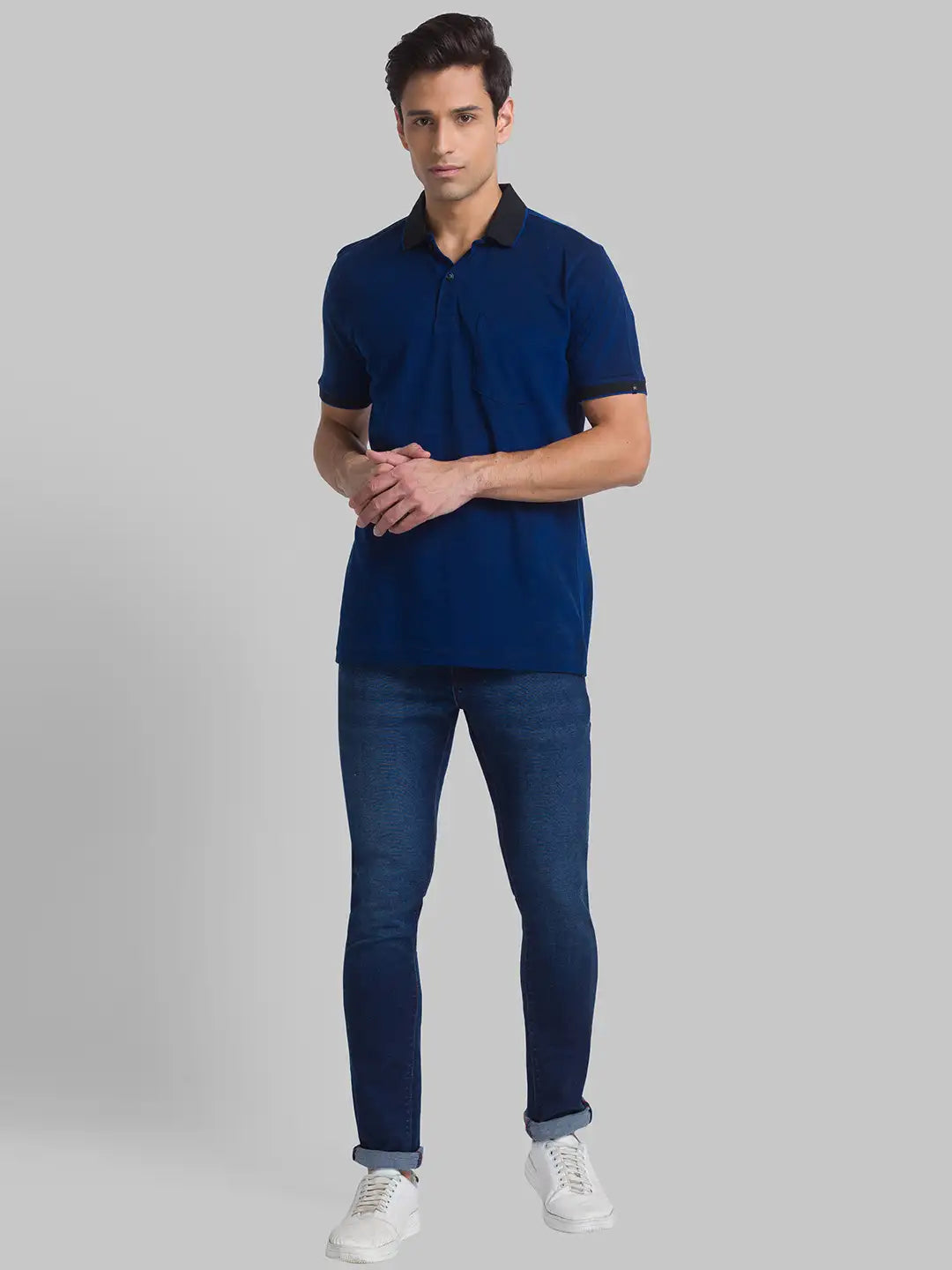 Men Black Contemporary Fit Jacquard Cotton Polo T-Shirt