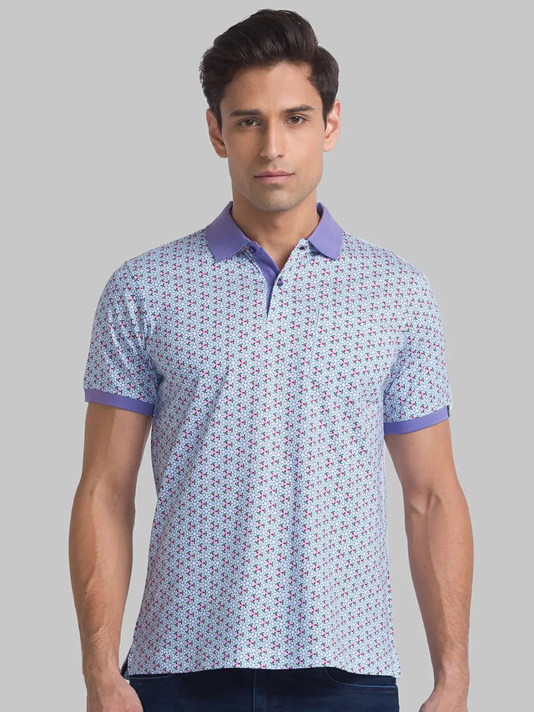 Men Blue Contemporary Fit Print Cotton Polo T-Shirt