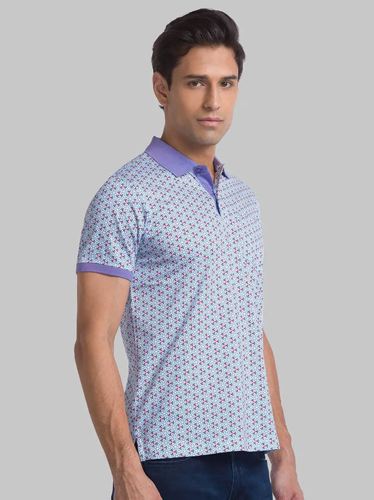 Men Blue Contemporary Fit Print Cotton Polo T-Shirt