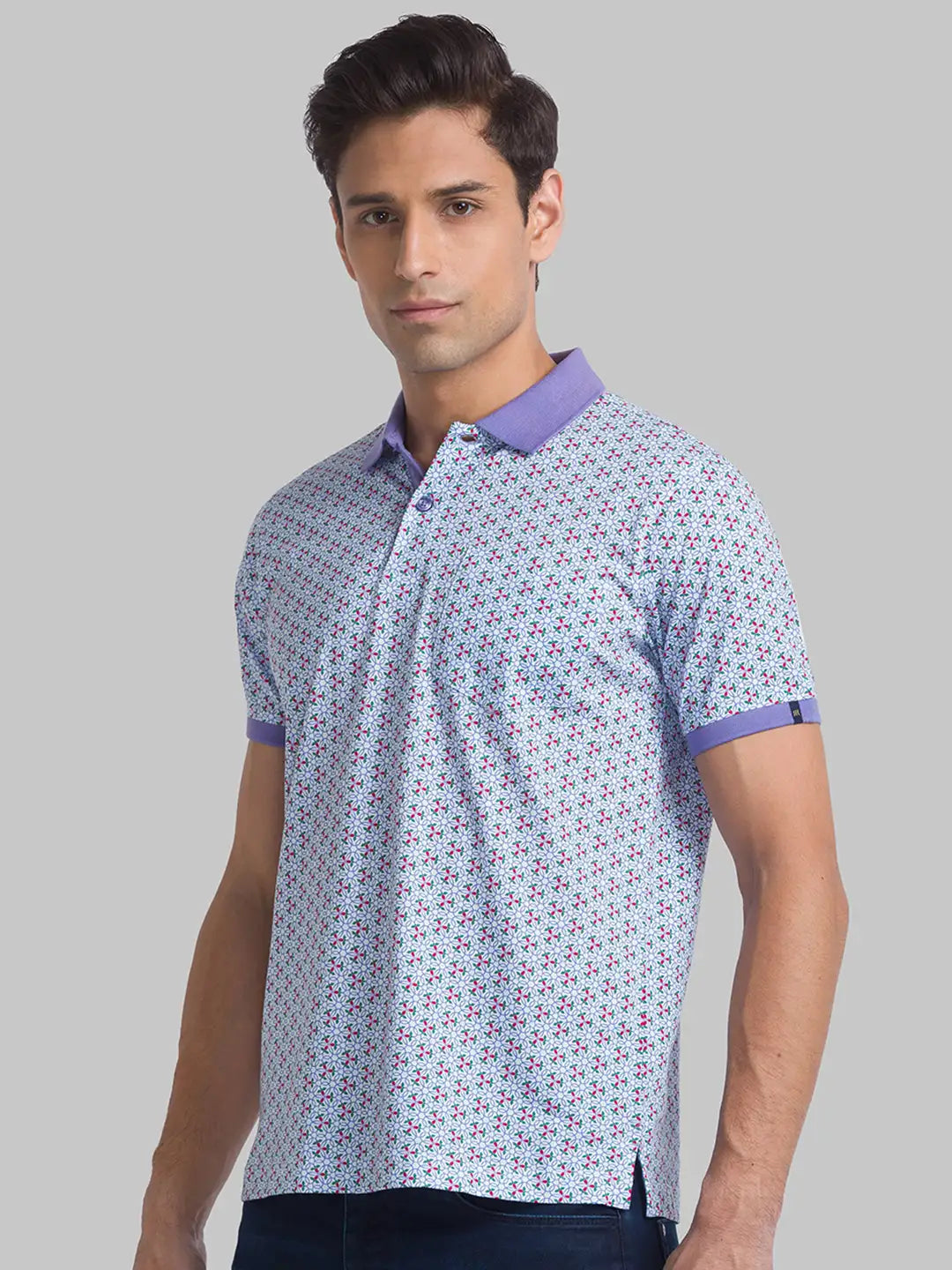 Men Blue Contemporary Fit Print Cotton Polo T-Shirt