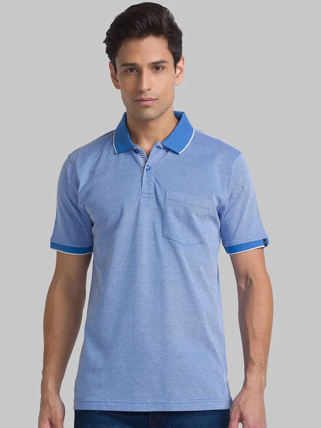 Raymond Men Blue Jacquard Contemporary Fit Cotton T-Shirt