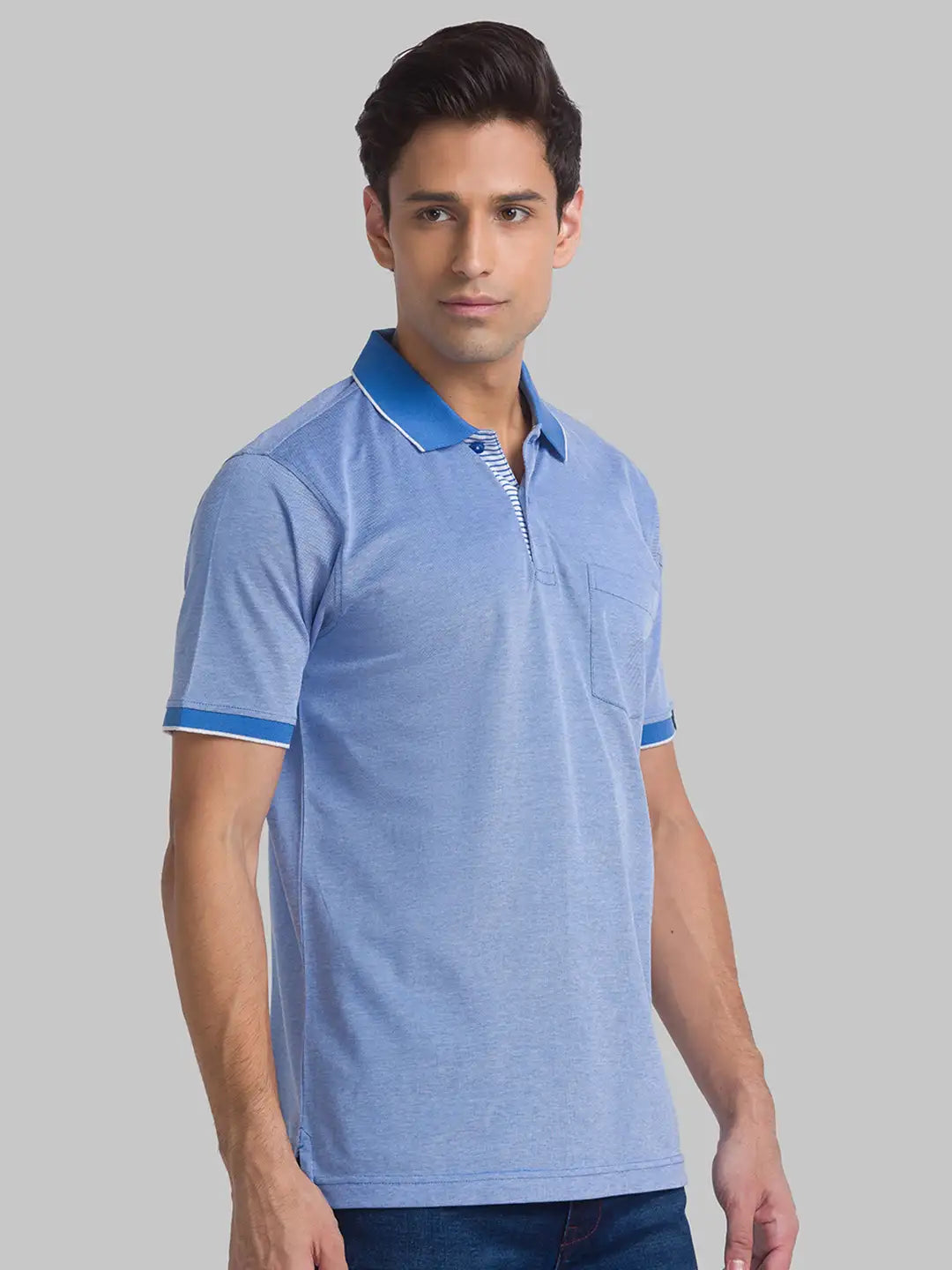 Raymond Men Blue Jacquard Contemporary Fit Cotton T-Shirt