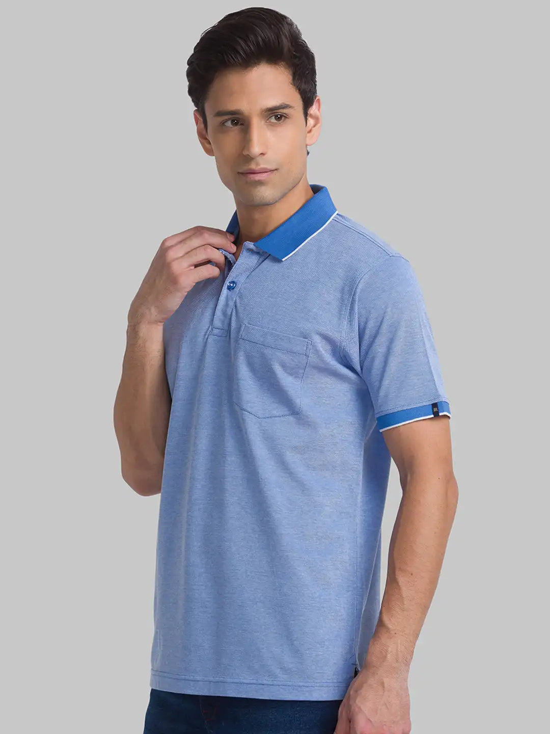 Raymond Men Blue Jacquard Contemporary Fit Cotton T-Shirt
