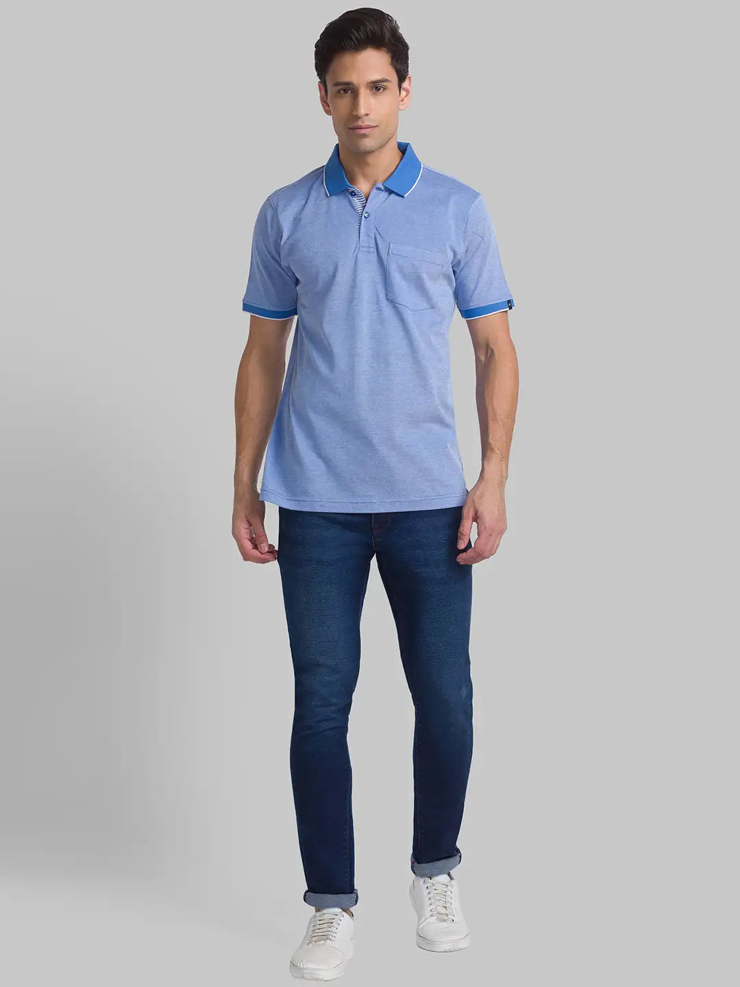Raymond Men Blue Jacquard Contemporary Fit Cotton T-Shirt