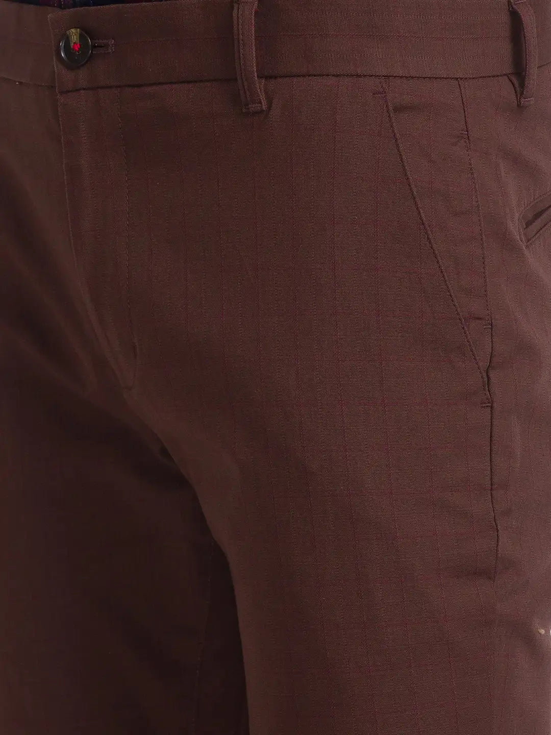 Men Brown Slim Fit Checks Cotton Blend Trouser