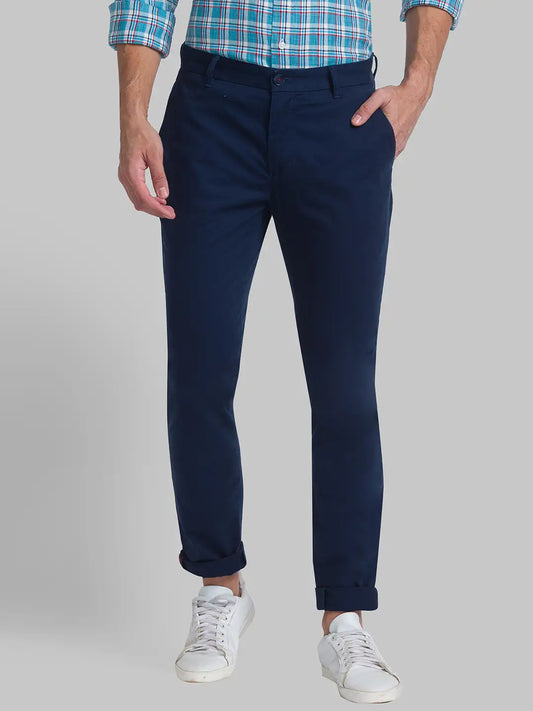 Men Blue Slim Fit Solid Cotton Blend Trouser