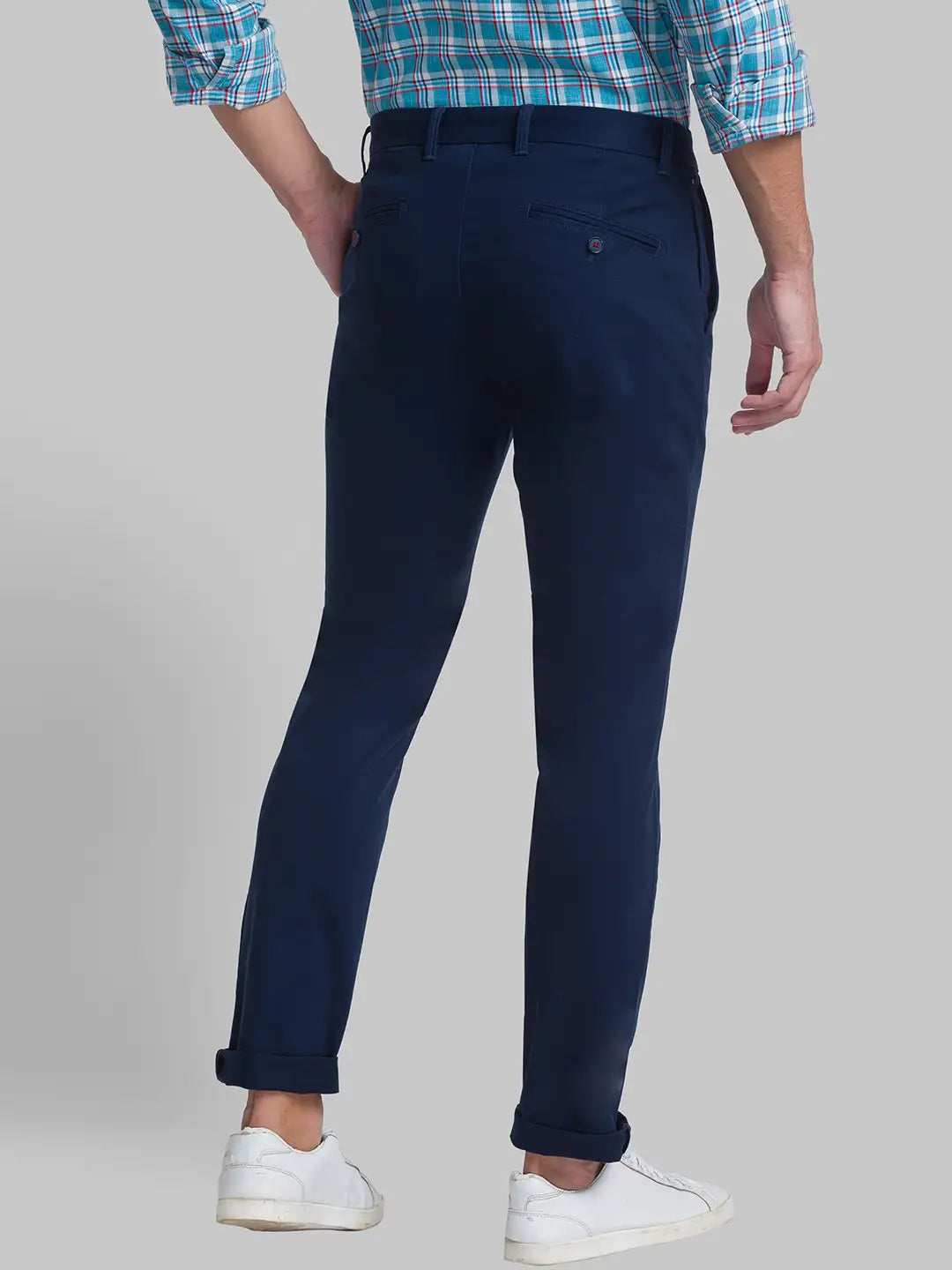 Men Blue Slim Fit Solid Cotton Blend Trouser – MyRaymond