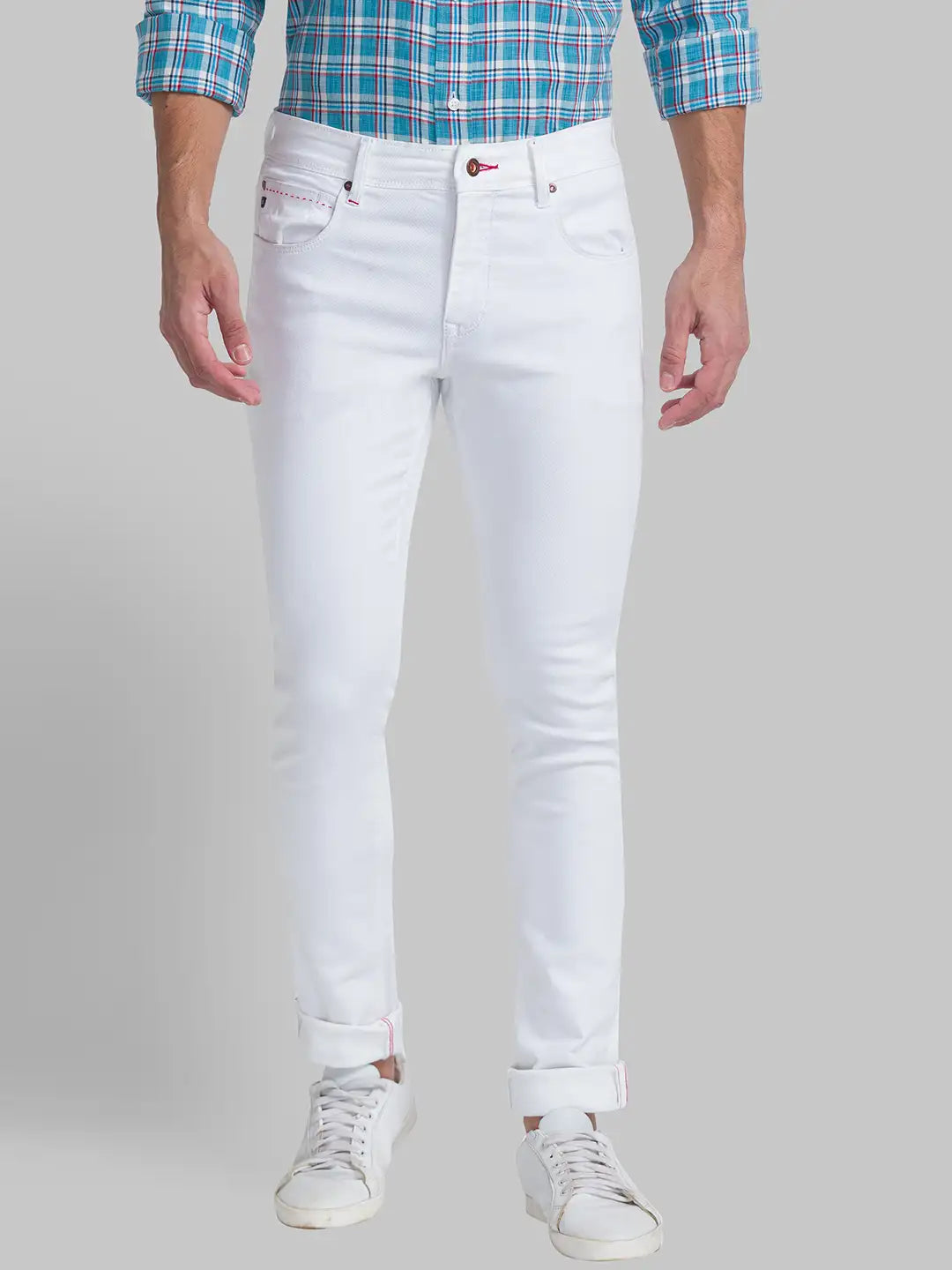 Men White Slim Fit Solid Cotton Blend Jeans