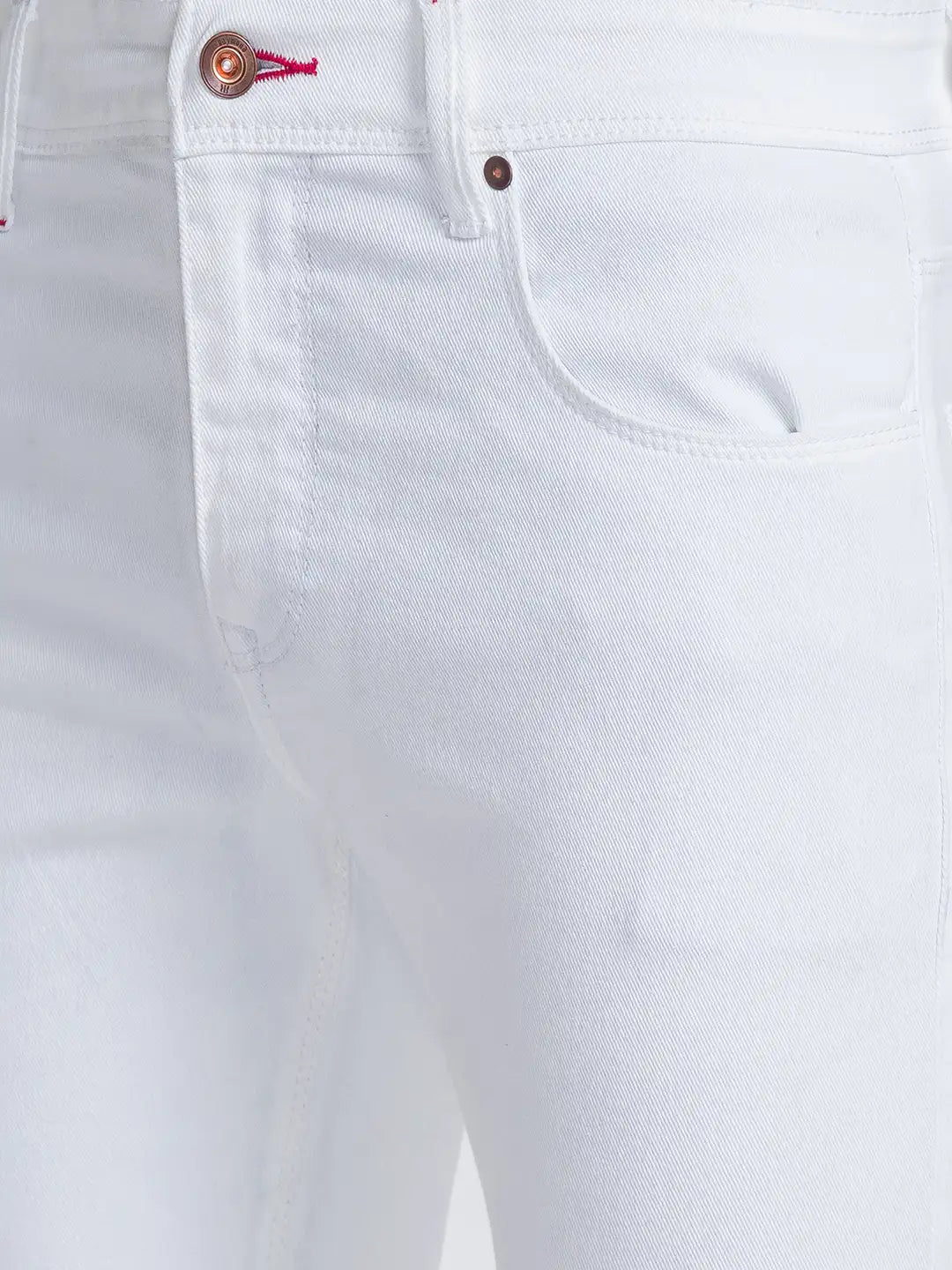 Men White Slim Fit Solid Cotton Blend Jeans