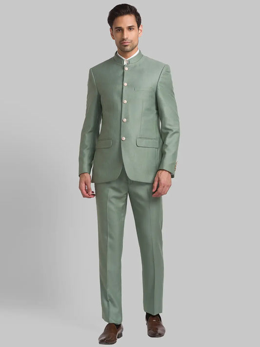 Men Green Contemporary Fit Structure Terry Rayon Blend Suit