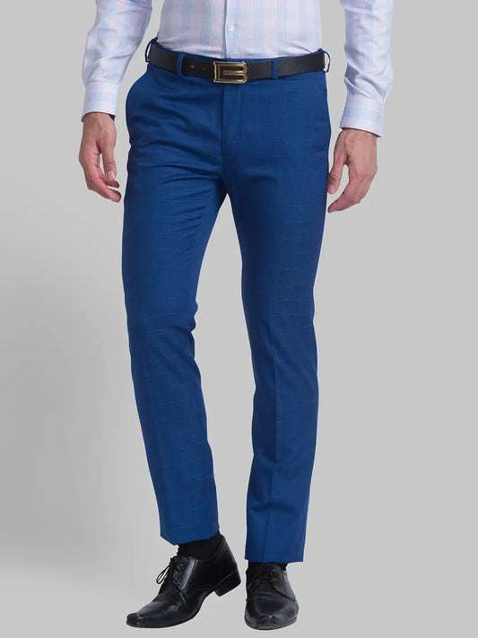 Men Blue Slim Fit Checks Polyester Blend Trouser