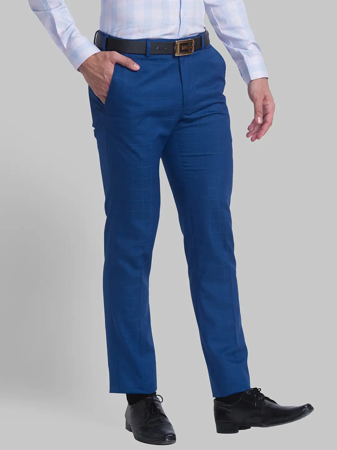 Men Blue Slim Fit Checks Polyester Blend Trouser