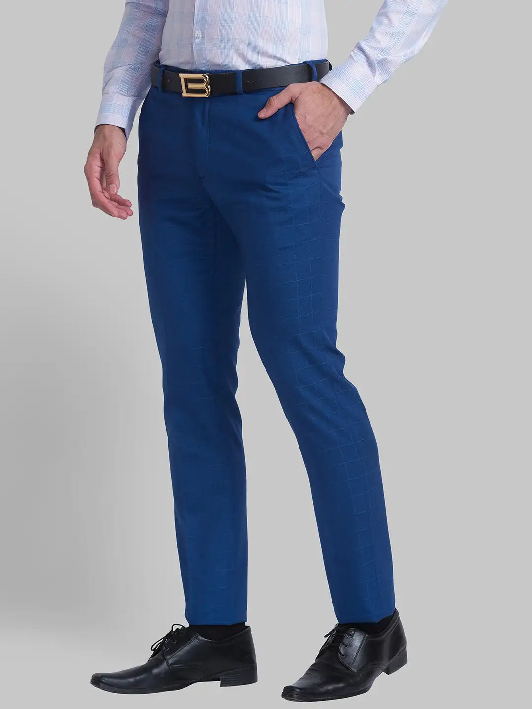 Men Blue Slim Fit Checks Polyester Blend Trouser
