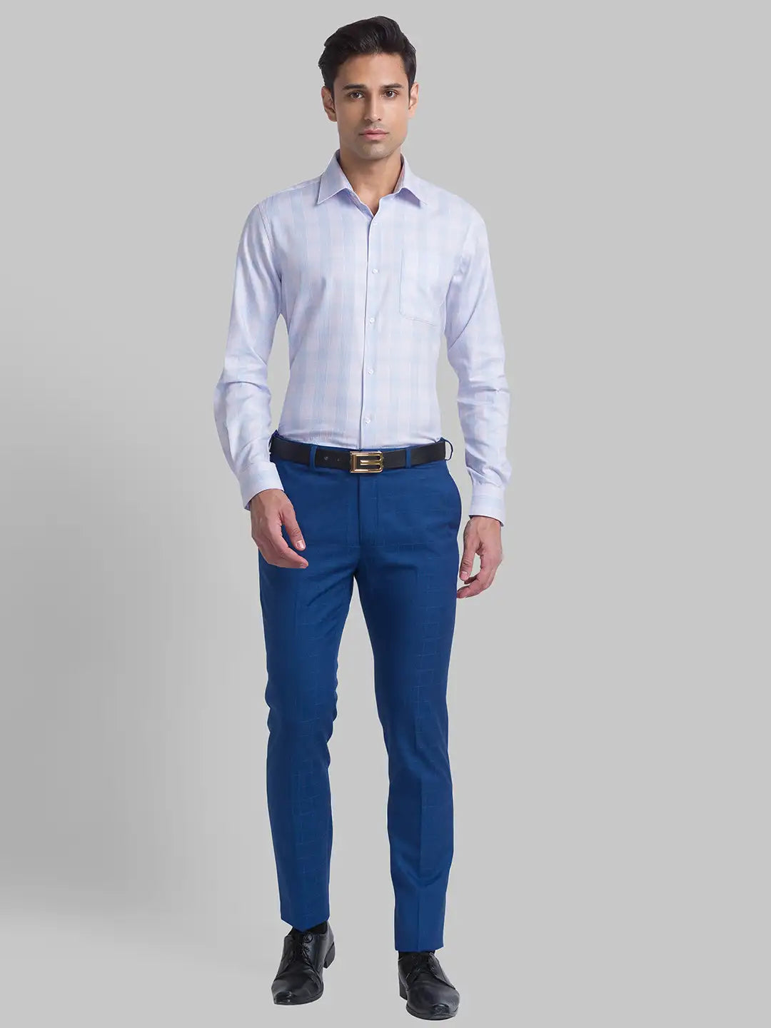 Men Blue Slim Fit Checks Polyester Blend Trouser