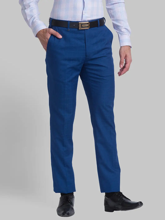 Men Blue Contemporary Fit Checks Polyester Blend Trouser