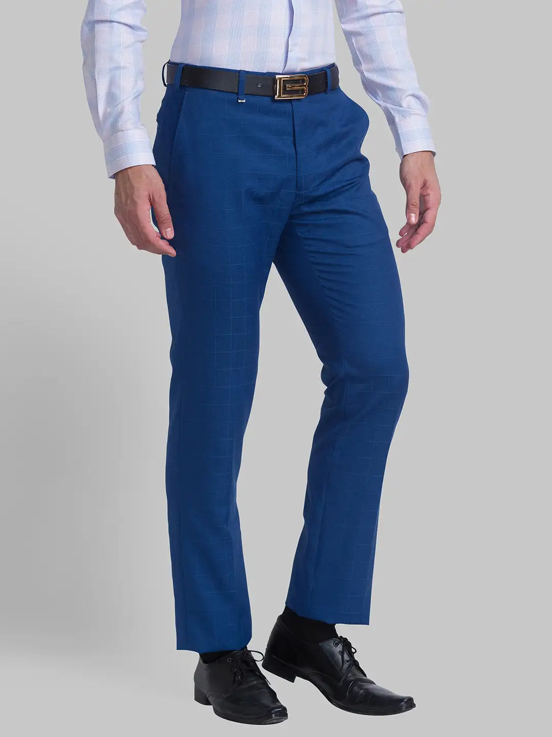 Men Blue Contemporary Fit Checks Polyester Blend Trouser