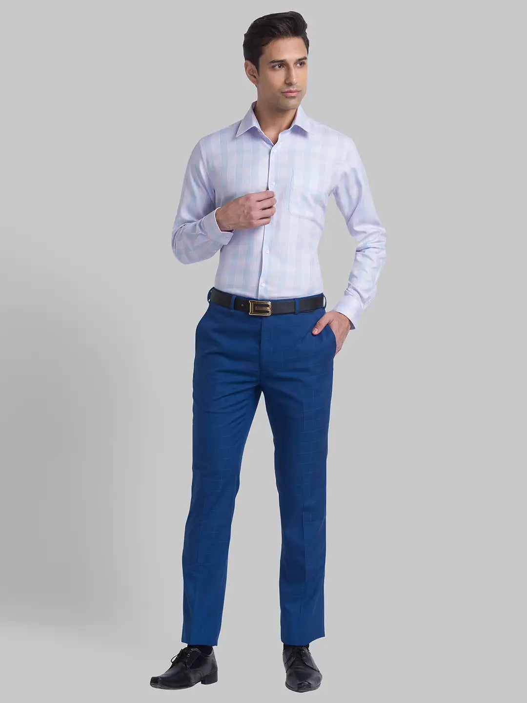 Men Blue Contemporary Fit Checks Polyester Blend Trouser
