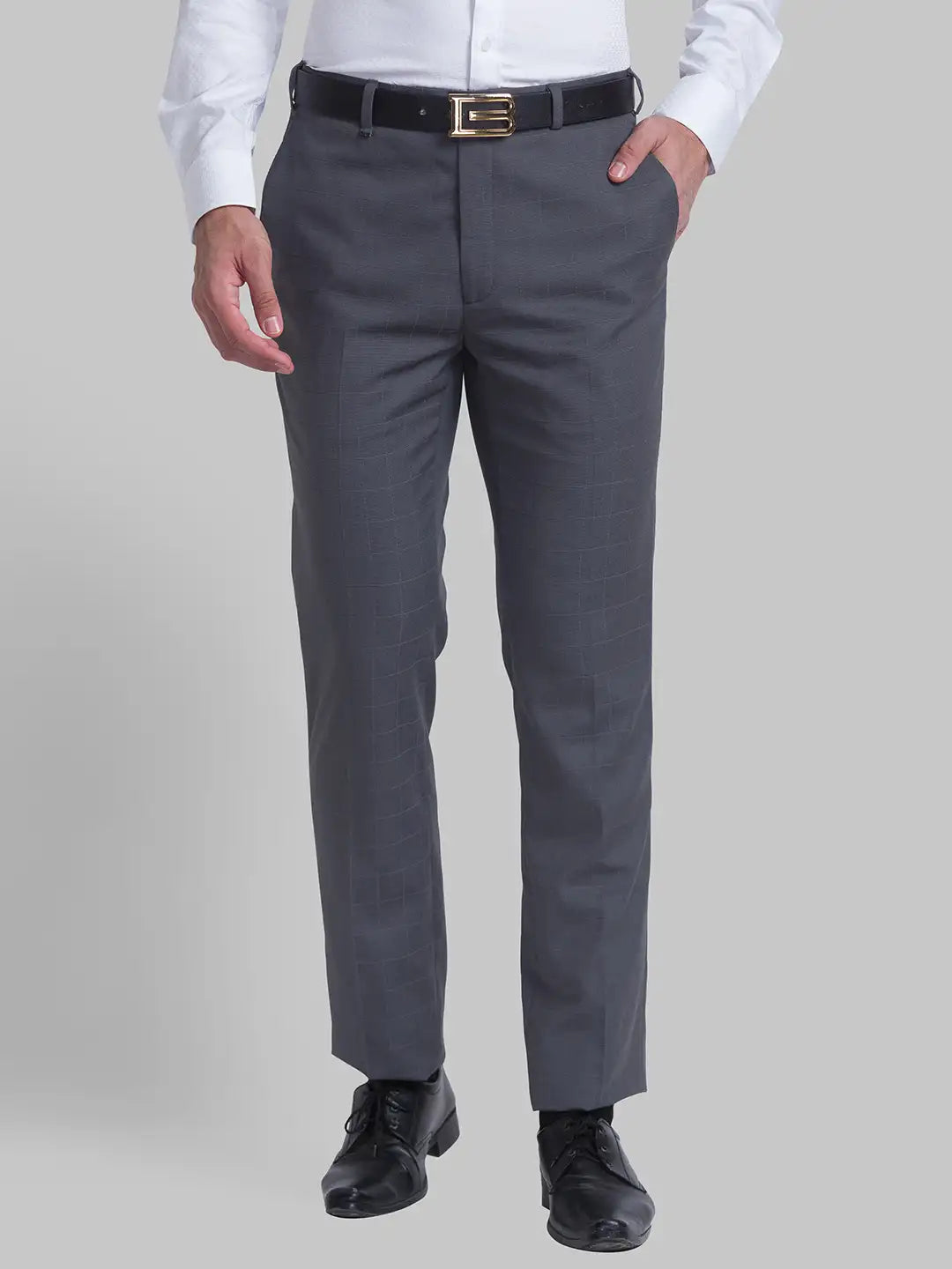 Men Grey Contemporary Fit Checks Polyester Blend Trouser