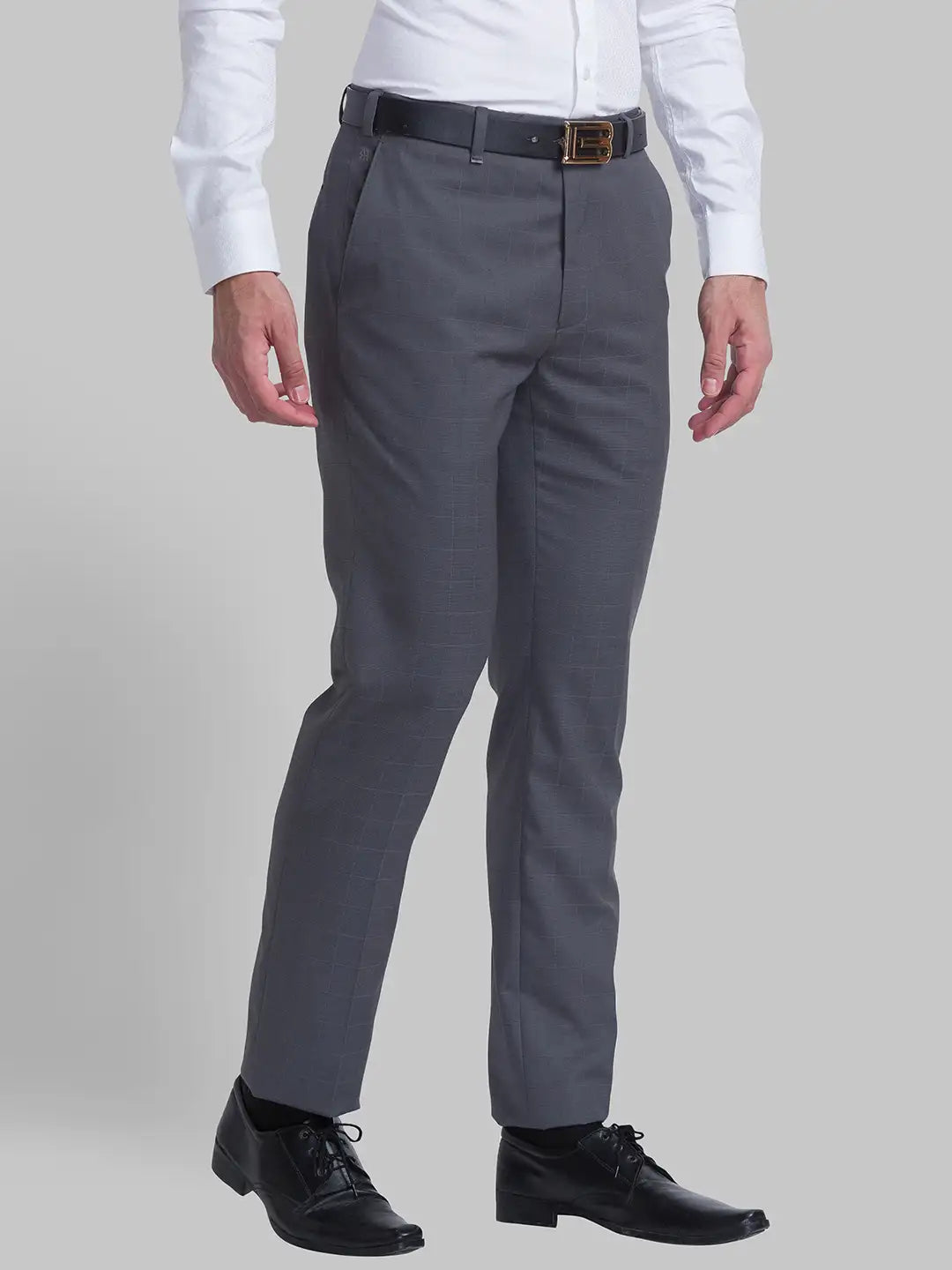 Men Grey Contemporary Fit Checks Polyester Blend Trouser