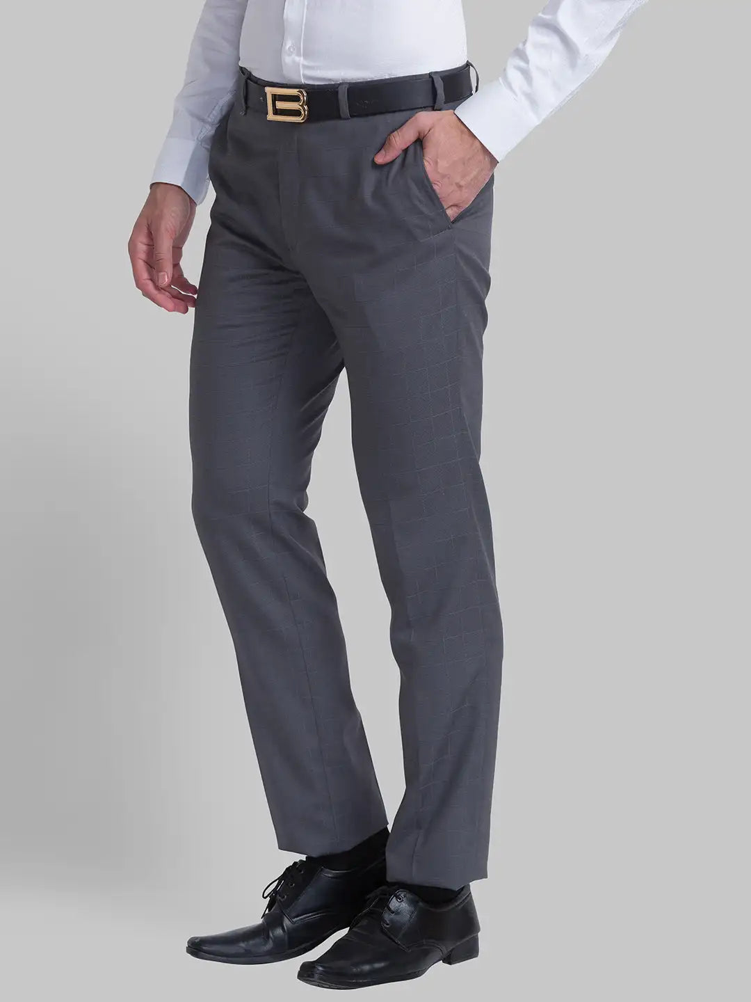 Men Grey Contemporary Fit Checks Polyester Blend Trouser