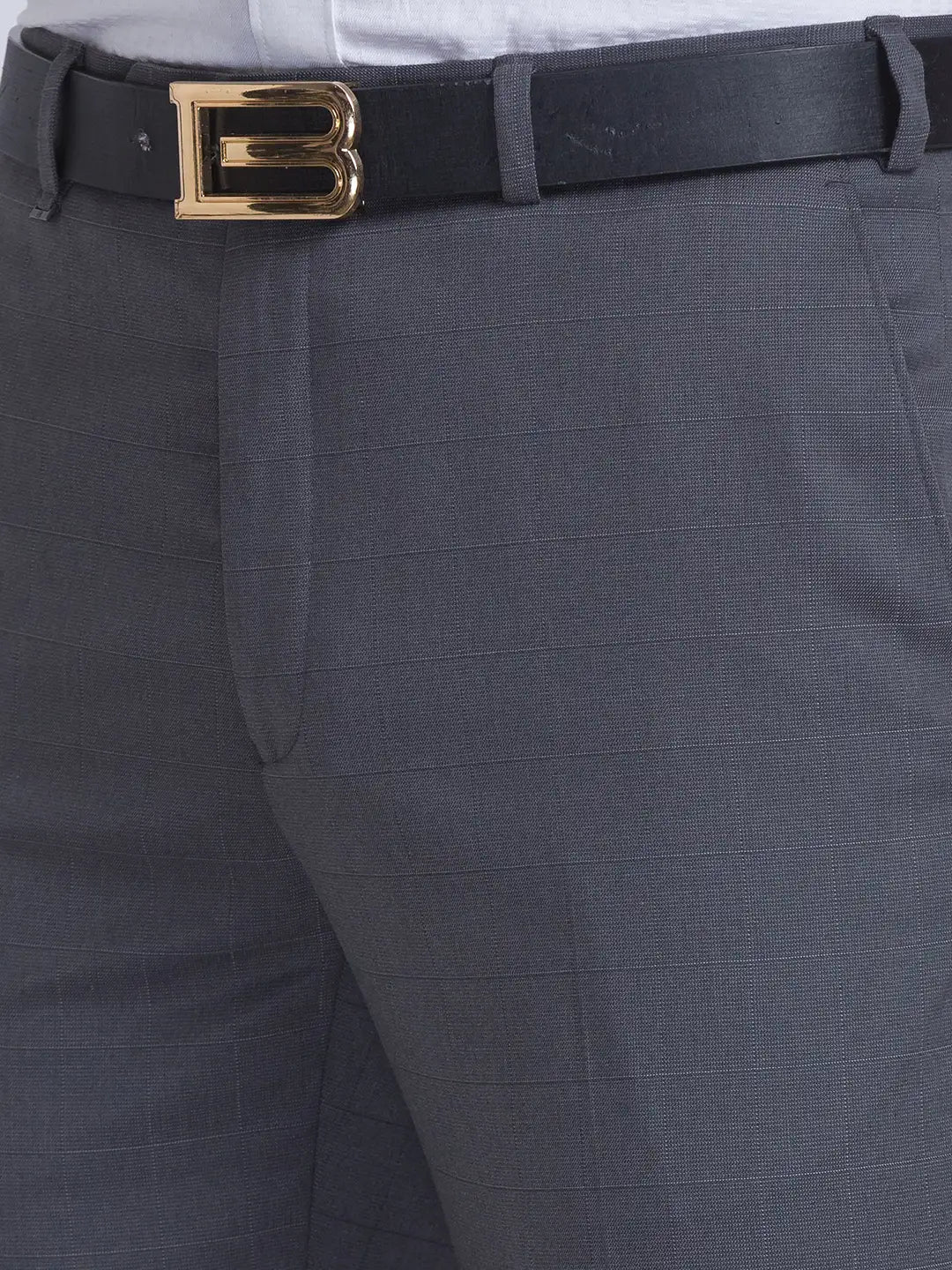Men Grey Contemporary Fit Checks Polyester Blend Trouser
