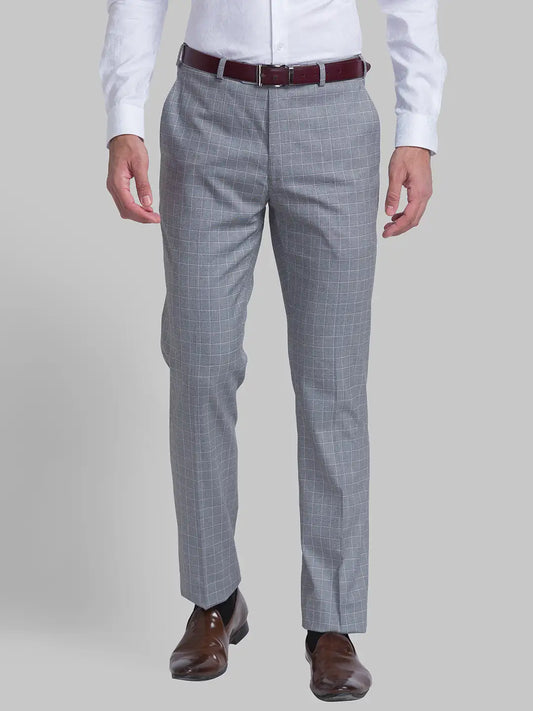 Men Grey Contemporary Fit Checks Polyester Blend Trouser