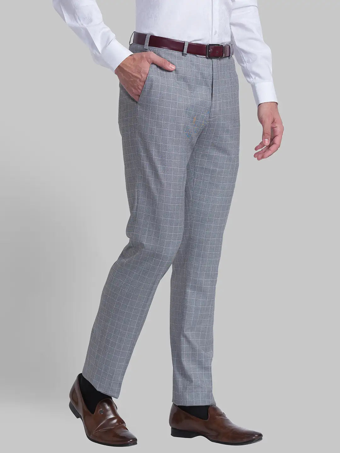 Men Grey Contemporary Fit Checks Polyester Blend Trouser
