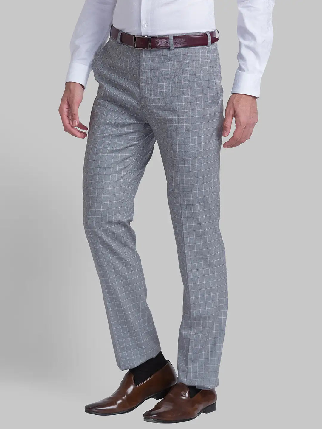 Men Grey Contemporary Fit Checks Polyester Blend Trouser