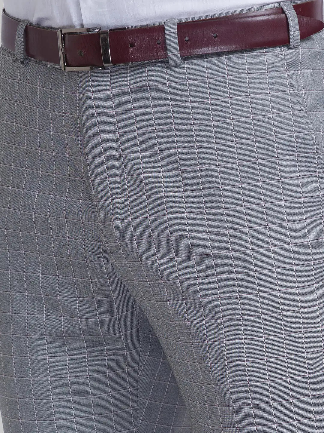 Men Grey Contemporary Fit Checks Polyester Blend Trouser