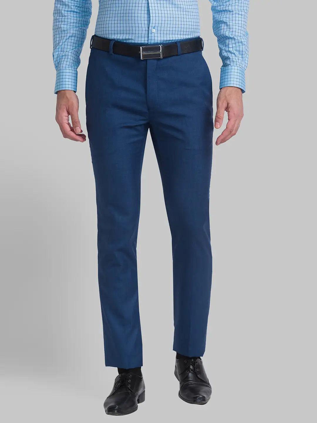 Men Blue Contemporary Fit Checks Polyester Blend Trouser