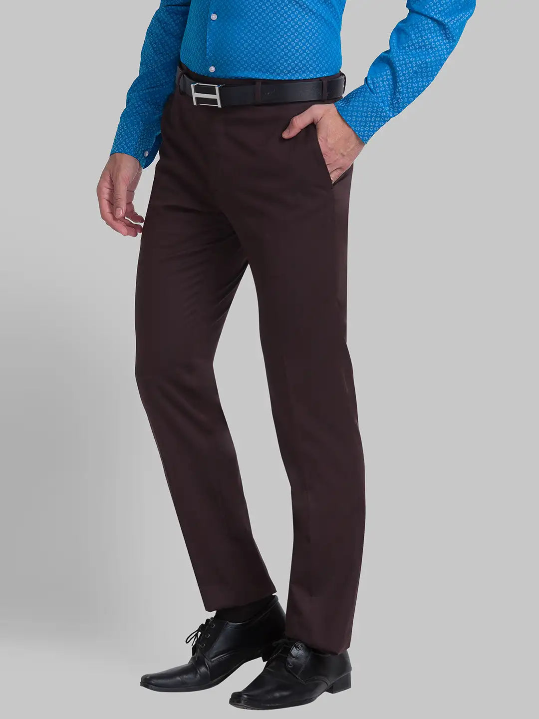 Men Brown Contemporary Fit Solid Terry Rayon Blend Trouser