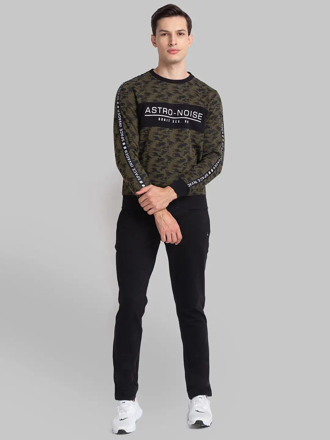 Men White Regular Fit Print Cotton Polyester Blend Sweatshirts