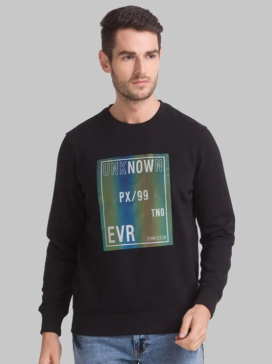 Men Black Regular Fit Print Cotton Polyester Blend Sweatshirts