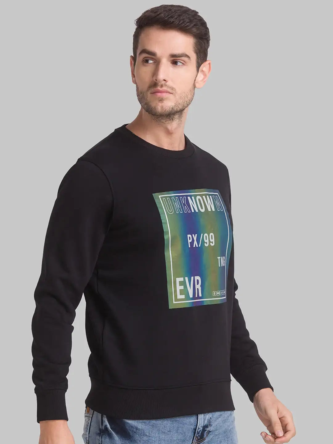 Men Black Regular Fit Print Cotton Polyester Blend Sweatshirts
