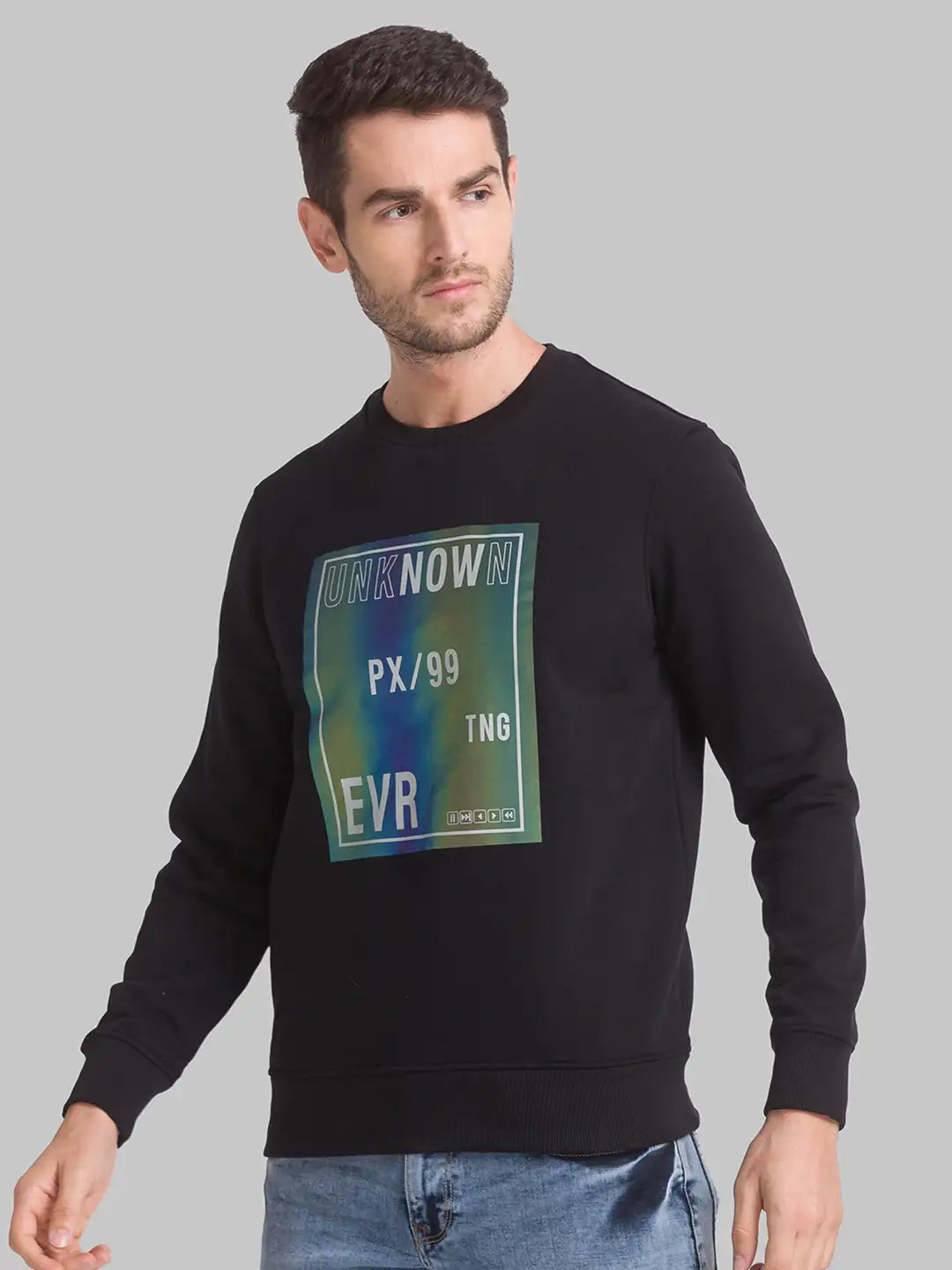 Men Black Regular Fit Print Cotton Polyester Blend Sweatshirts