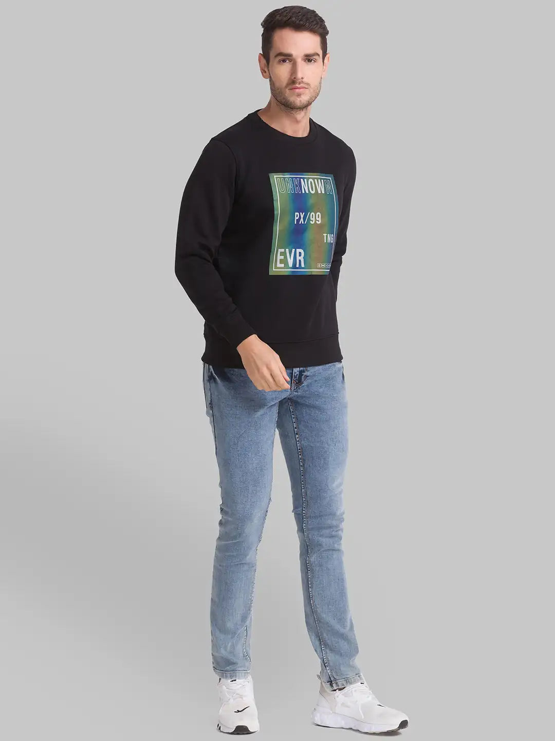 Men Black Regular Fit Print Cotton Polyester Blend Sweatshirts