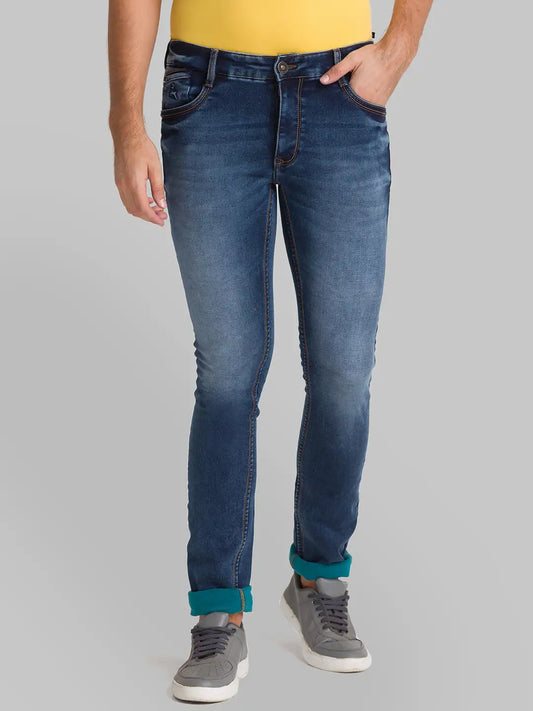Men Blue Skinny Cropped Fit Plain Polyester Blend Jeans