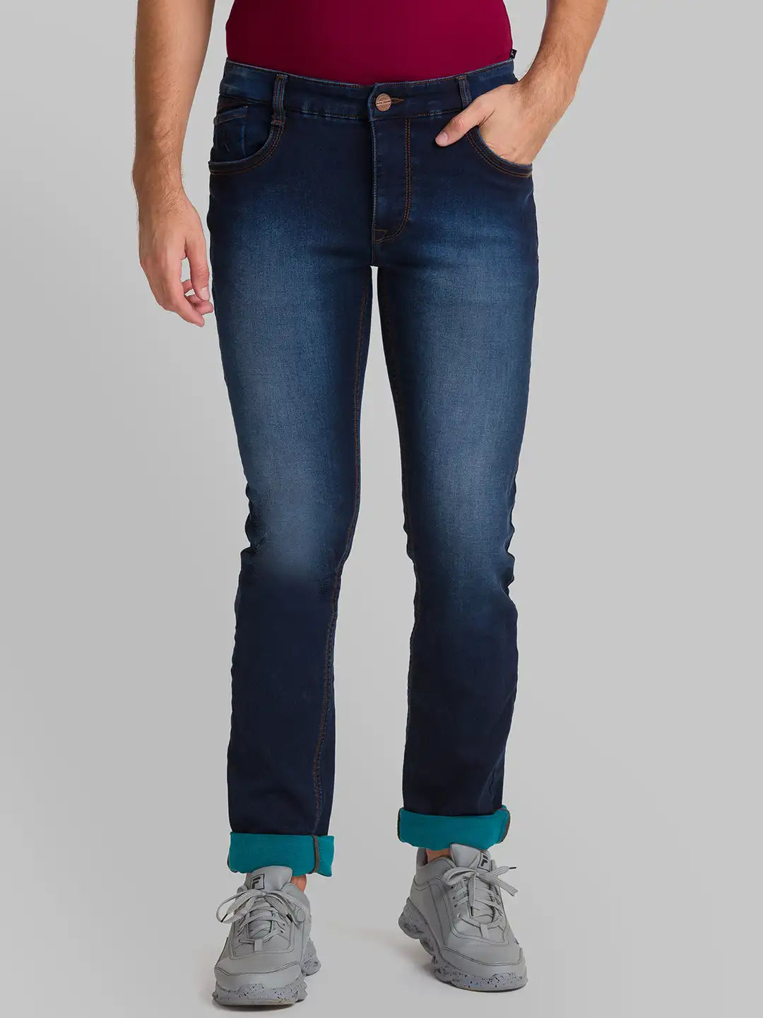 Men Blue Slim Tapered Fit Plain Polyester Blend Jeans