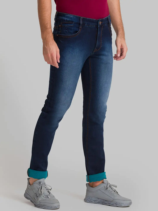 Men Blue Slim Tapered Fit Plain Polyester Blend Jeans