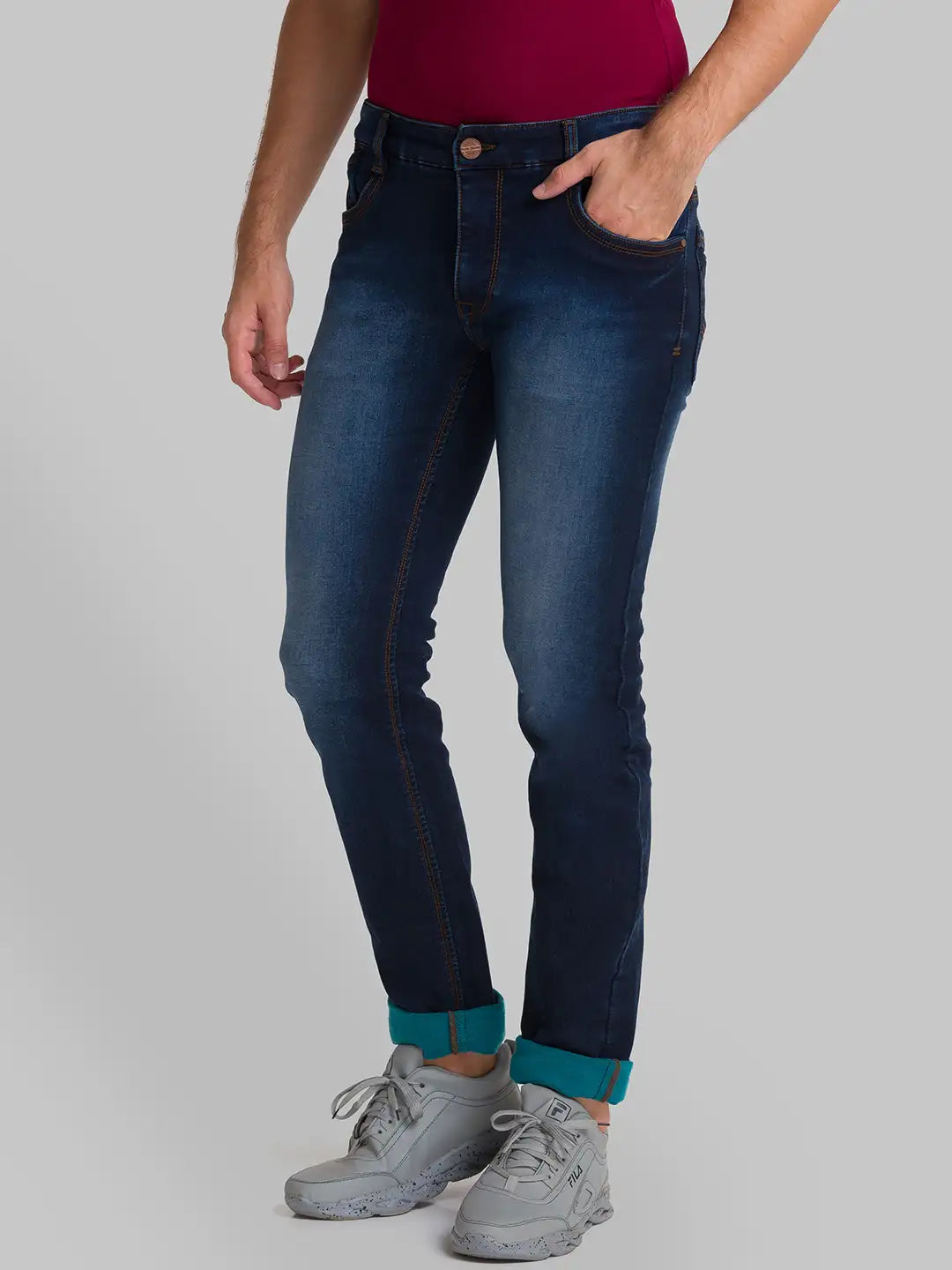 Men Blue Slim Tapered Fit Plain Polyester Blend Jeans