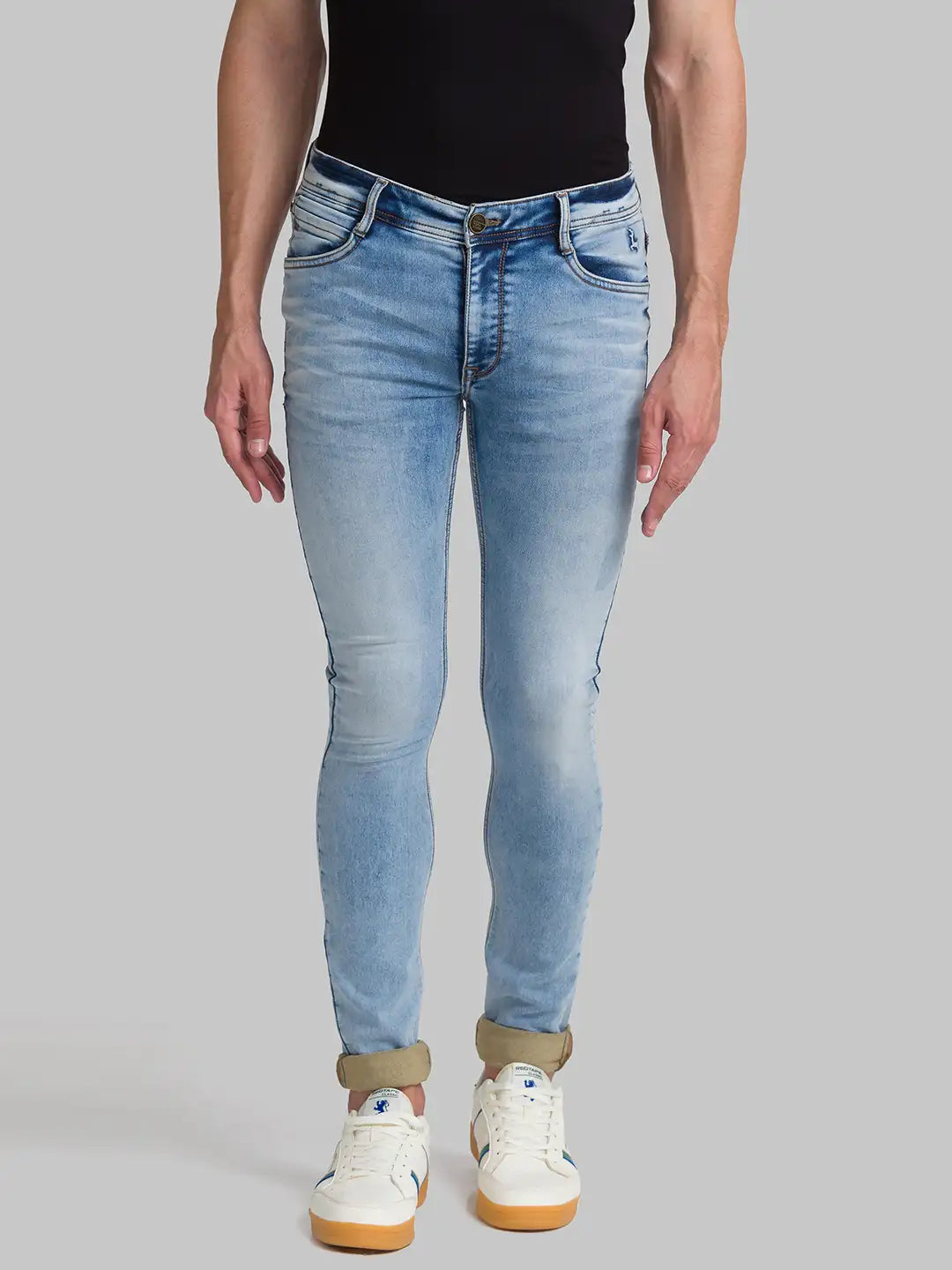 Men Blue Skinny Cropped Fit Plain Polyester Blend Jeans