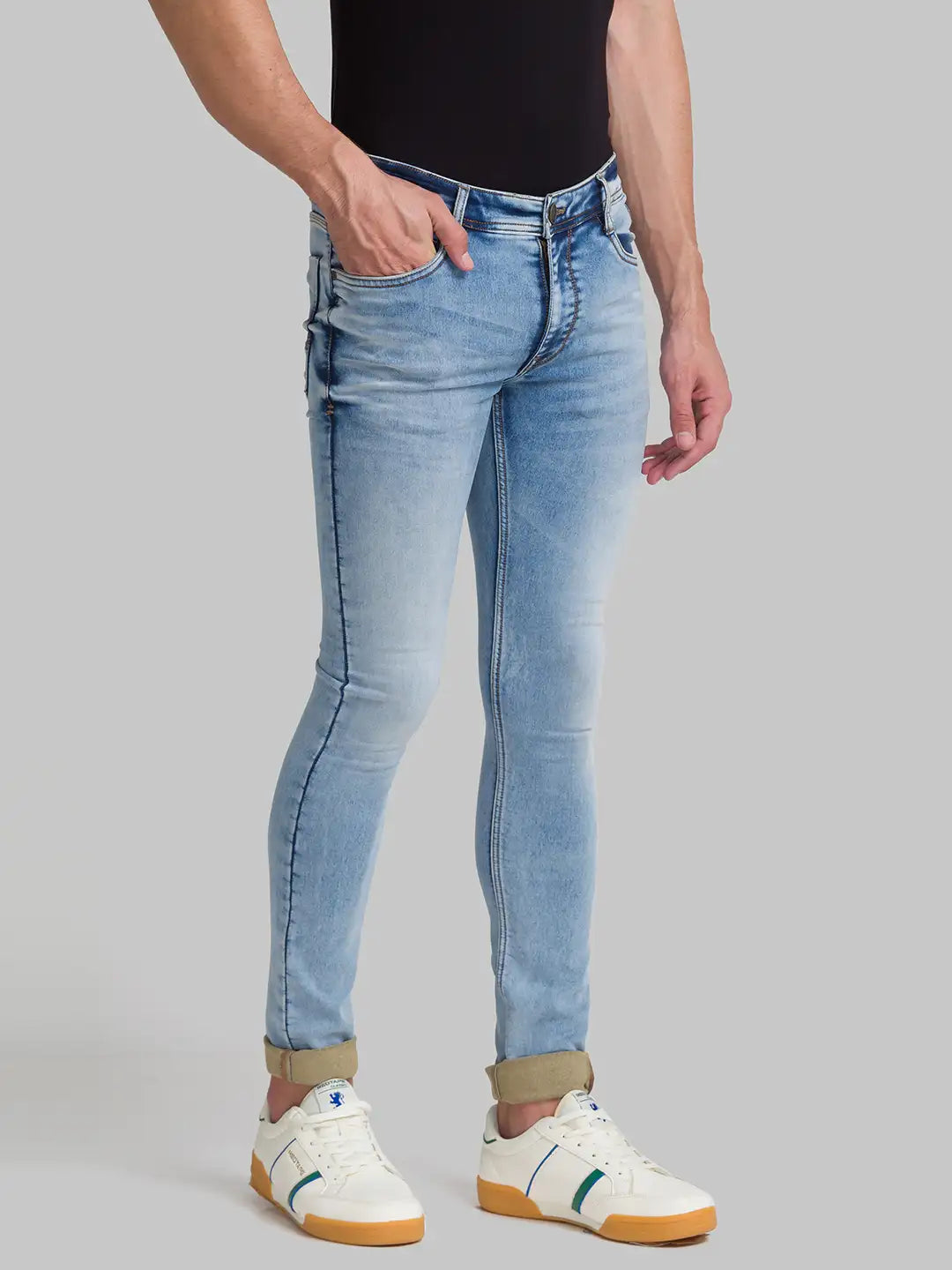 Men Blue Skinny Cropped Fit Plain Polyester Blend Jeans