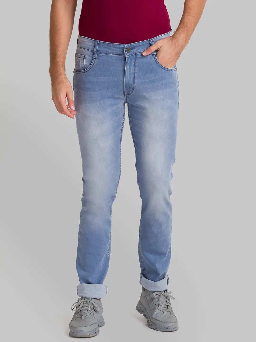 Men Blue Slim Tapered Fit Plain Cotton Blend Jeans