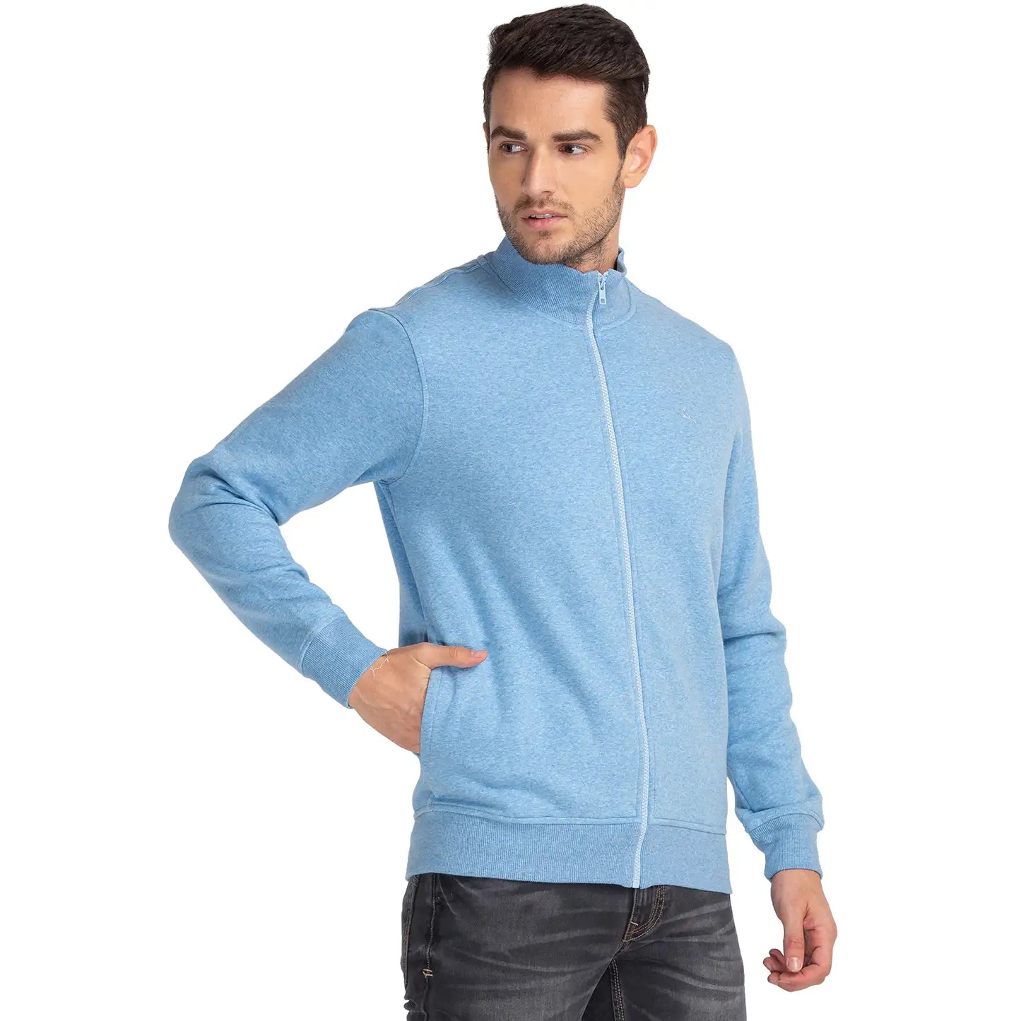 Men Blue Regular Fit Solid Cotton Polyester Blend Sweatshirts